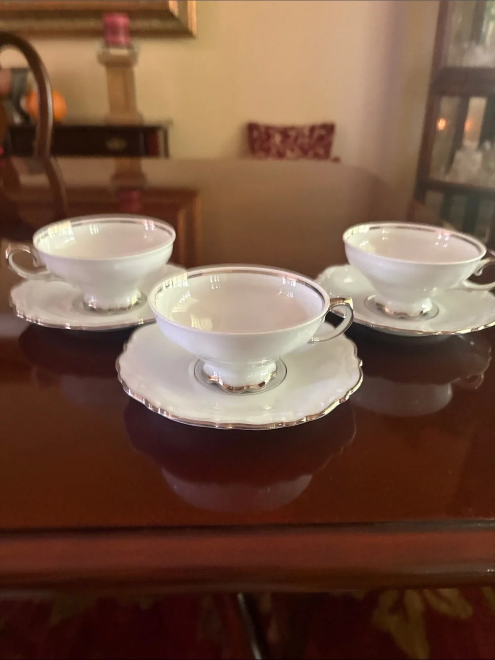 Estate Symphony Fine White Porcelain Tea Cup and Saucer Set with Silver Trim
